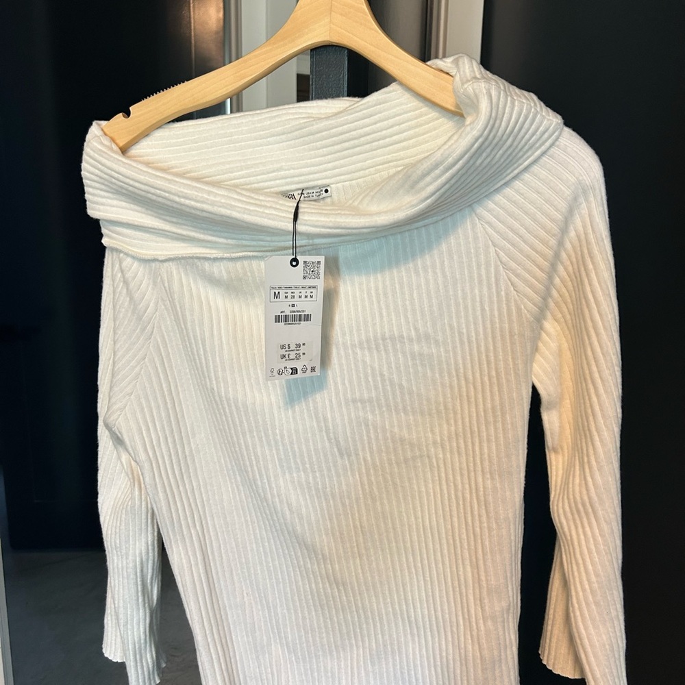 Zara Cream Ribbed Off-the-Shoulder Fold-Over Sweater